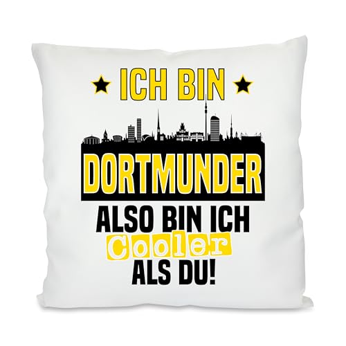 Kissen mit lustigem Spruch und Wunschtext auf der Rückseite | Ich bin Dortmunder also bin ich cooler als du! | Fußball Deko-Kissen für Dortmund Fan | Skyline deiner Stadt | 40cm x 40cm | Kissen mit lustigem Spruch und Wunschtext auf der Rückseite | Ich bin Dortmunder also bin ich cooler als du! | Fußball Deko-Kissen für Dortmund Fan | Skyline deiner Stadt | 40cm x 40cm | von Herzbotschaft