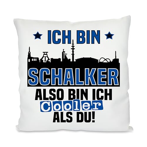 Herzbotschaft Kissen mit lustigem Spruch und Wunschtext auf der Rückseite | Ich Bin Schalker Also Bin ich Cooler als du! | Fußball Deko-Kissen für Schalke Fan | Skyline deiner Stadt | 40cm x 40cm | von Herzbotschaft