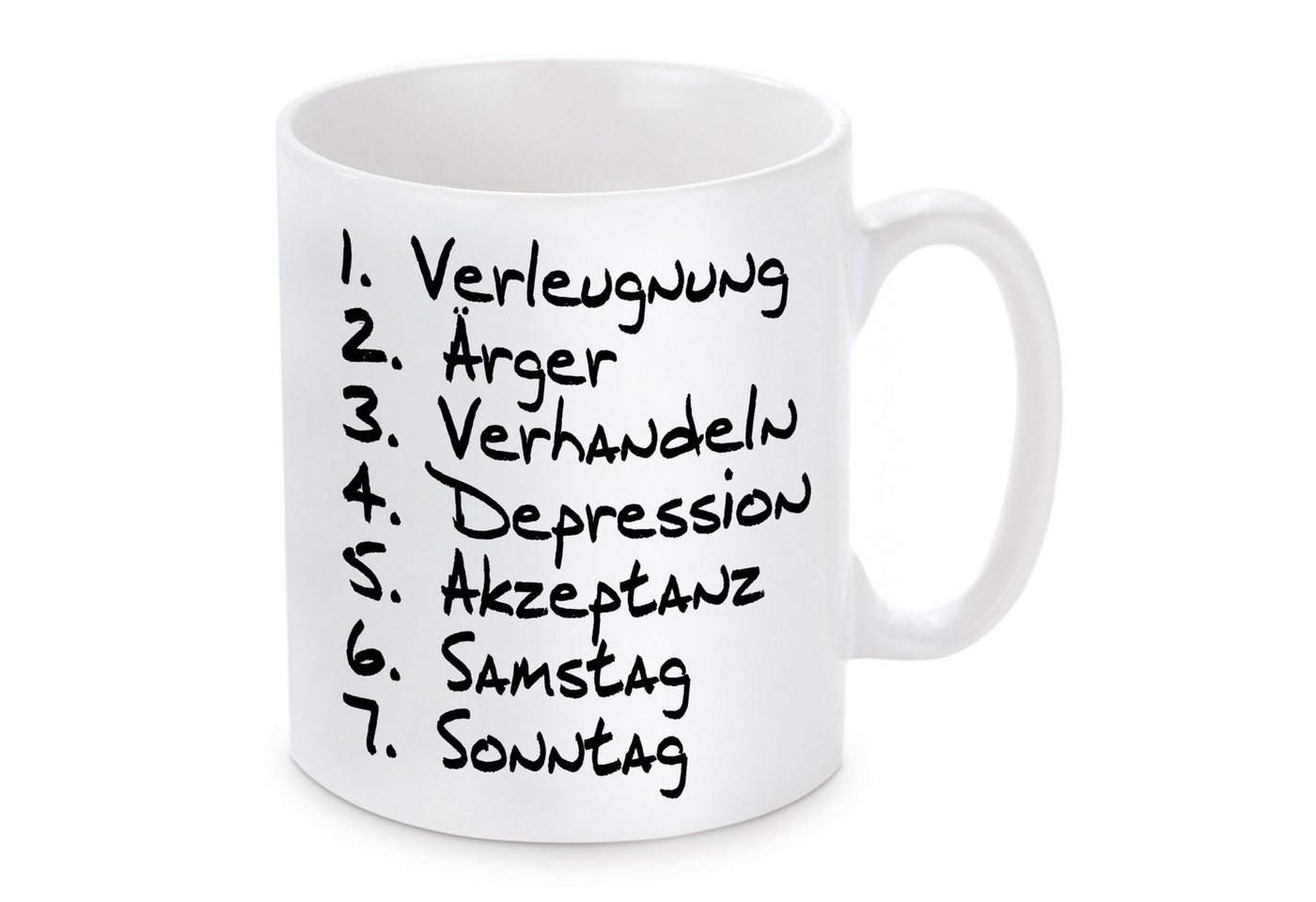 Herzbotschaft Tasse Kaffeebecher mit Motiv 1. Verleugnung 2. Ärger 3. Verhandeln, Keramik, Kaffeetasse spülmaschinenfest und mikrowellengeeignet von Herzbotschaft