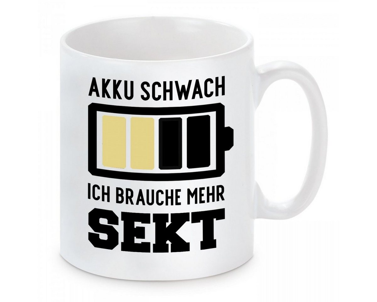 Herzbotschaft Tasse Kaffeebecher mit Motiv AKKU SCHWACH ICH BRAUCHE MEHR SEKT, Keramik, Kaffeetasse spülmaschinenfest und mikrowellengeeignet von Herzbotschaft