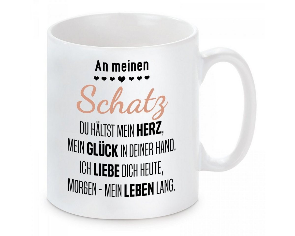 Herzbotschaft Tasse Kaffeebecher mit Motiv An meinen Schatz du hälst mein Herz, Keramik, Kaffeetasse spülmaschinenfest und mikrowellengeeignet von Herzbotschaft