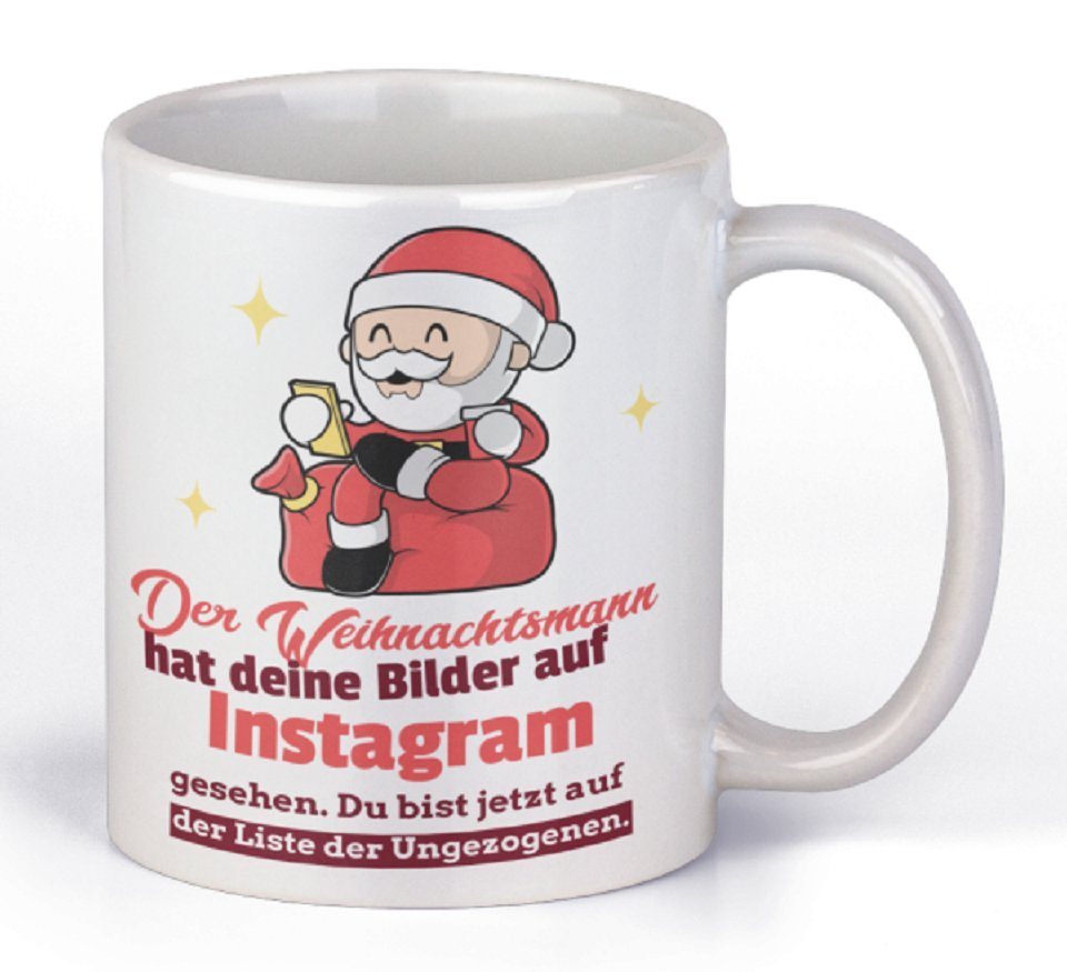 Herzbotschaft Tasse Kaffeebecher mit Motiv Der Weihnachtsmann hat deine Bilder, Keramik, Kaffeetasse spülmaschinenfest und mikrowellengeeignet von Herzbotschaft