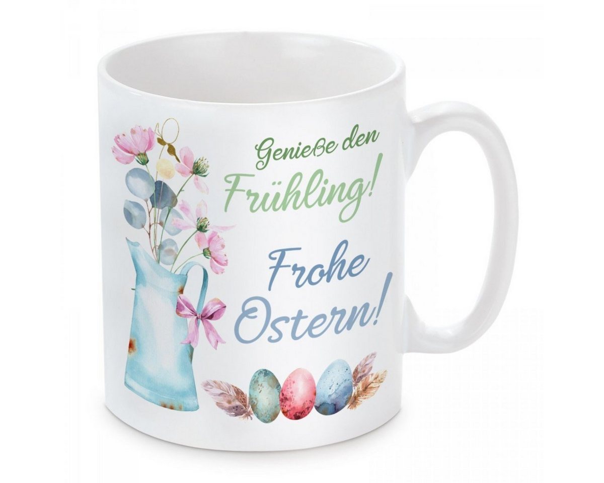Herzbotschaft Tasse Kaffeebecher mit Motiv Genieße den Frühling! Frohe Ostern, Keramik, Kaffeetasse spülmaschinenfest und mikrowellengeeignet von Herzbotschaft