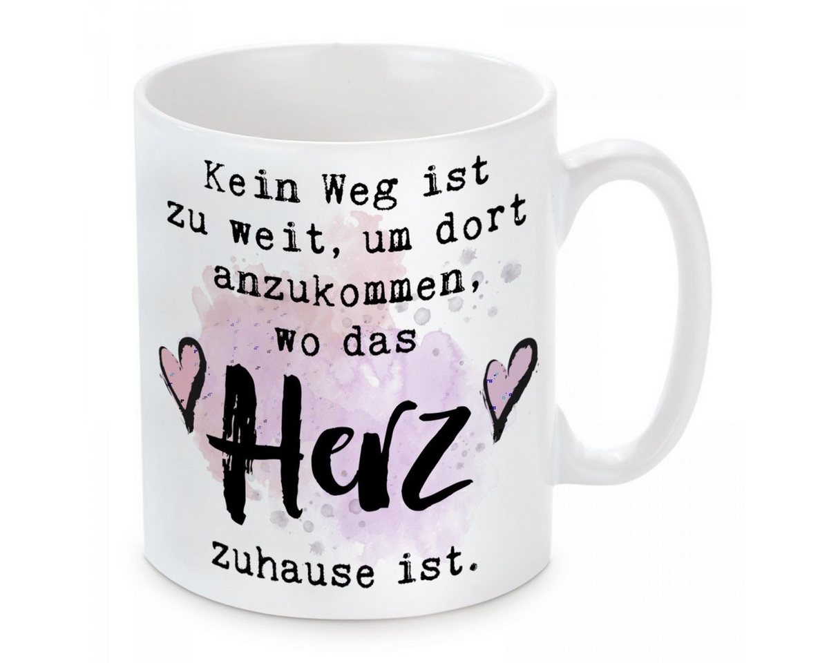 Herzbotschaft Tasse Kaffeebecher mit Motiv Kein Weg ist zu weit, um dort anzukommen, Keramik, Kaffeetasse spülmaschinenfest und mikrowellengeeignet von Herzbotschaft