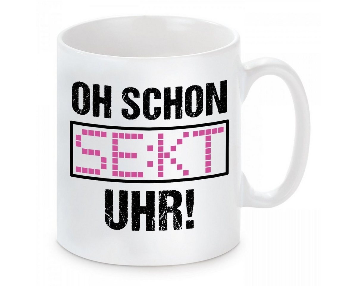 Herzbotschaft Tasse Kaffeebecher mit Motiv OH SCHON SEKT UHR, Keramik, Kaffeetasse spülmaschinenfest und mikrowellengeeignet von Herzbotschaft