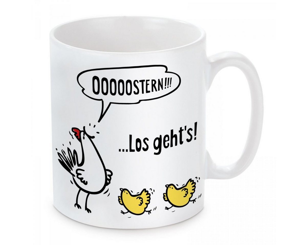 Herzbotschaft Tasse Kaffeebecher mit Motiv Ooooostern! Los geht`s, Keramik, Kaffeetasse spülmaschinenfest und mikrowellengeeignet von Herzbotschaft