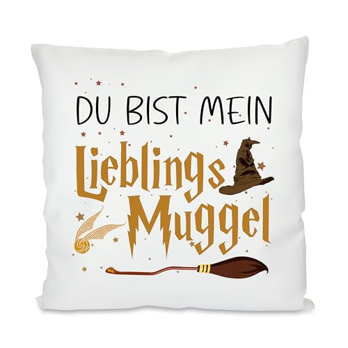 Kissen mit romantischem Spruch | Du bist mein Lieblings Muggel | Dekokissen für Verliebte | Geburtstag Valentinstag | Kissenhülle und Füllung | 40cm x 40cm optional mit Wunschtext auf der Rückseite von Herzbotschaft