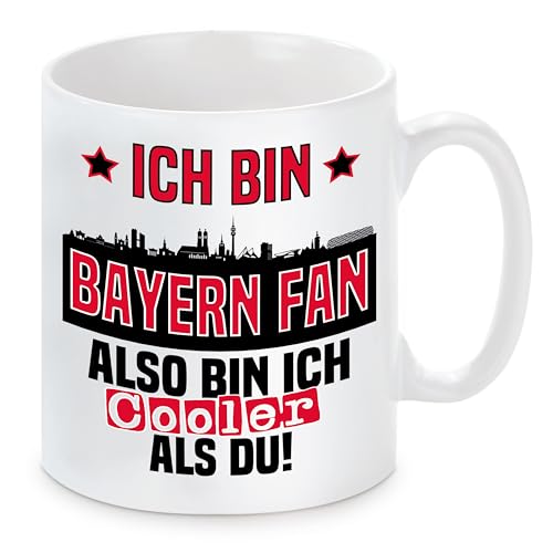 Tasse mit Spruch | Ich bin Bayern Fan also bin ich cooler als du! | Fußball Keramiktasse für München Fan | Skyline deiner Stadt | hochwertiger Druck von Herzbotschaft