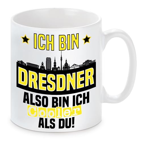 Tasse mit Spruch und Wunschtext auf der Rückseite | Ich bin Dresdner also bin ich cooler als du! | Fußball Keramiktasse für Dresden Fan | Skyline deiner Stadt | hochwertiger Druck | von Herzbotschaft