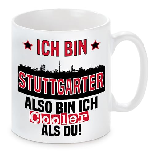 Tasse mit Spruch und Wunschtext auf der Rückseite | Ich bin Stuttgarter also bin ich cooler als du! | Fußball Keramiktasse für Stuttgart Fan | Skyline deiner Stadt | hochwertiger Druck | von Herzbotschaft