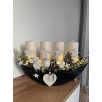 Adventsgesteck Weiß 45cm Adventskränze Weihnachtskränze Kerzen Kranz Sterne Schiffchen Lichterkette Adventsgesteck Weiß 45cm Adventskränze Weihnachtskränze Kerzen Kranz Sterne Schiffchen Lichterkette von Herzflair