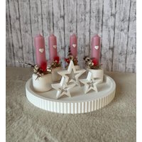 Dekoratives Tablett Mit Kerzenhaltern, 3 Sterne Und Kerzen, Tischdekoration, Weihnachten, Advent, Weiß von HerzleDesign