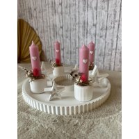 Dekoratives Tablett Mit Kerzenhaltern, Sternen Und Kerzen, Tischdekoration, Weihnachten, Advent, Weiß von HerzleDesign