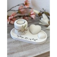 Dekotablett Weiß Mit 2 Herzen & Teelichthalter, Raysin von HerzleDesign