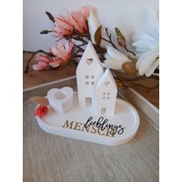 Dekotablett Weiß Mit Schriftzug "Lieblingsmensch" + 2 Häuser & Kerzenhalter, Raysin von HerzleDesign