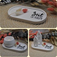 Dekotablett Weiß Oval Mit 2 Häusern & Schriftzug "Zeit Für Träume", Raysin Dekotablett Weiß Oval Mit 2 Häusern & Schriftzug "Zeit Für Träume", Raysin von HerzleDesign