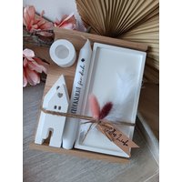 Geschenk-Set, Tablett Rechteckig + 2 Häuser & Kerze Nach Wahl, Versch. Botschaften von HerzleDesign