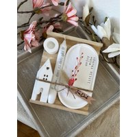 Geschenkset „Enjoy The Little Things", Tablett Oval + 2 Häuser & Kerze Nach Wahl, Versch. Botschaften von HerzleDesign