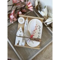 Geschenkset „Herzranke", Tablett Oval + 2 Häuser & Kerze Nach Wahl, Versch. Botschaften von HerzleDesign