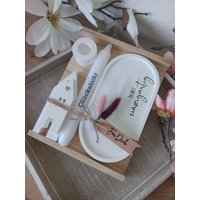 Geschenkset "Du Bist Einzigartig", Tablett Oval + 2 Häuser & Kerze Nach Wahl, Versch. Botschaften von HerzleDesign