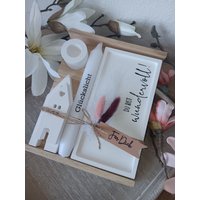 Geschenkset "Du Bist Wundervoll", Tablett Rechteckig + 2 Häuser & Kerze Nach Wahl, Versch. Botschaften von HerzleDesign