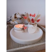 Tablett Rund, Weiß Mit Rillen + Vase & Teelicht Gerillt Herz, Raysin von HerzleDesign