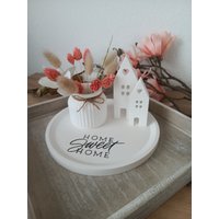 Tablett Rund, Weiß Mit Schriftzug "Home Sweet Home" + Vase & 2 Lichthäuser, Raysin von HerzleDesign