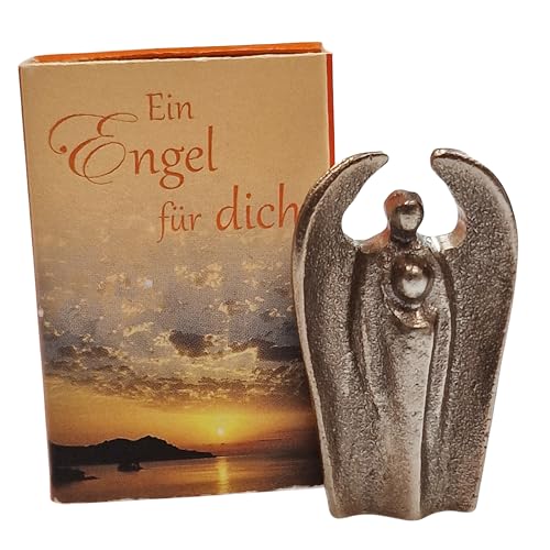Kleine Schutzengel Figur mit Geschenkschachtel - massiver silberner Bronze Engel als Glücksbringer 3 x 4,5 cm Geschenk zu Trost, Trauer, Kommunion, etc. von Herzmensch