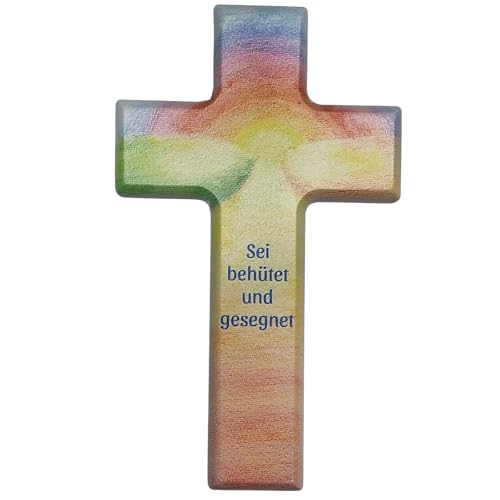 Kleines Kinderkreuz aus Holz Regenbogen mit Spruch Sei behütet und gesegnet 9 x 15 x 1,3 cm von der Künlerin B. Höcker - zum Aufhängen als Wandkreuz von Herzmensch
