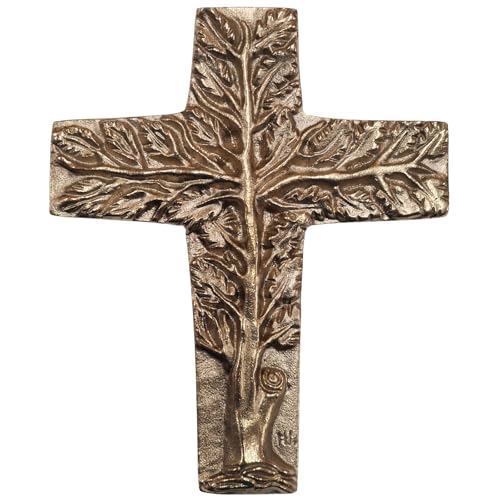 Kleines Kreuz Baum des Lebens 11 x 14 cm aus massiver Bronze gold als Geschenk zur Hochzeit, Weihnachten oder als schönes Grabkreuz von H. Uppendahl von Herzmensch