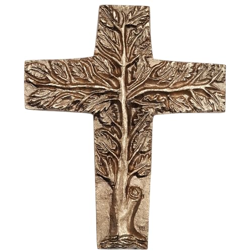 Kleines Kreuz Lebensbaum Wandkreuz aus massiver Bronze gold 16,5 x 20 cm als Geschenk zu Weihnachten, Hochzeit oder als modernes Grabkreuz von Herzmensch