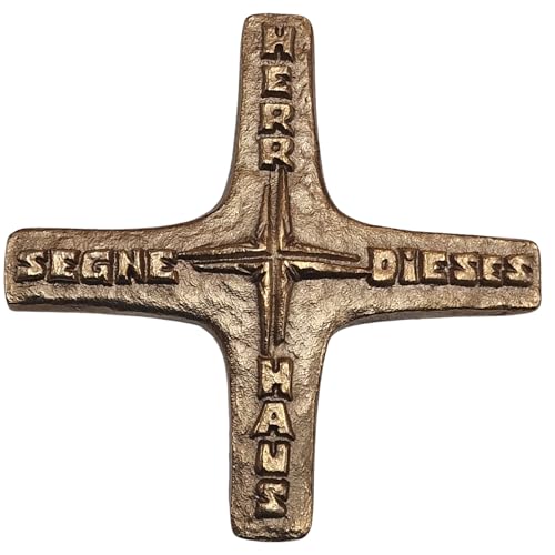 Kleines Kreuz gold Herr segne dieses Haus Segnungskreuz zur Hauseinweihung und Haussegnung 10,5 x 10,5 cm gold aus massiver echter Bronze von Herzmensch