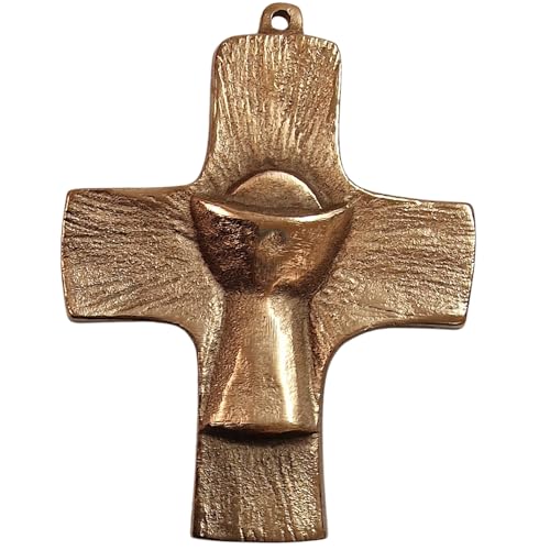 Kleines Kreuz massive Bronze gold 7 x 9 cm Kunsthandwerk v. Andrea Zrenner mit Kelch Motiv zum Aufhängen und Segnen als christliches Symbol von Herzmensch
