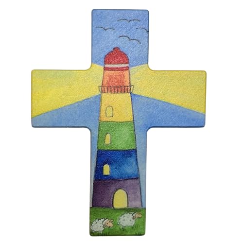 Kleines Wandkreuz für Kinder maritim mit Leuchtturm zur Geburt, Taufe, Kommunion aus Holz von Maren Dieckvoß 7 x 9 cm zum Aufhängen bunt und farbenfroh Kleines Wandkreuz für Kinder maritim mit Leuchtturm zur Geburt, Taufe, Kommunion aus Holz von Maren Dieckvoß 7 x 9 cm zum Aufhängen bunt und farbenfroh von Herzmensch