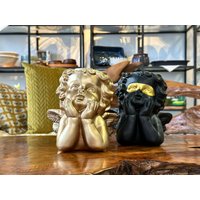 Engel Statue/Pflanztopf Übertopf Blumentopf Mit Drainageloch Skulptur Schwarz Gold Dekor Homedecor Tischdekoration Geschenk von HerzstueckeABG