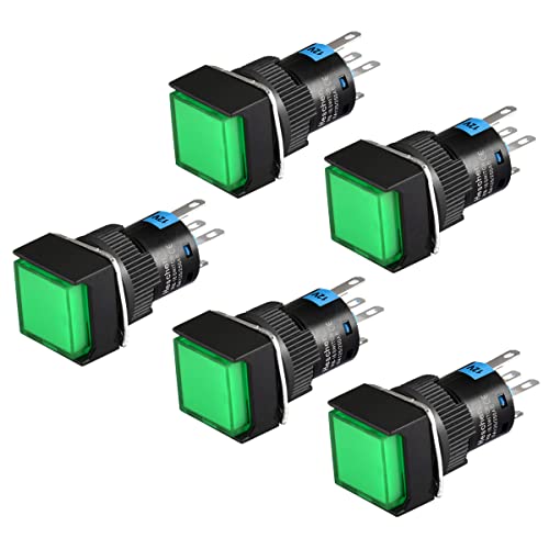 Heschen 16 mm quadratischer Druckknopftaster, Momentantyp, 1NO 1NC, 5-polig, 12V LED-Lampe, 5 Stück (grün) von Heschen