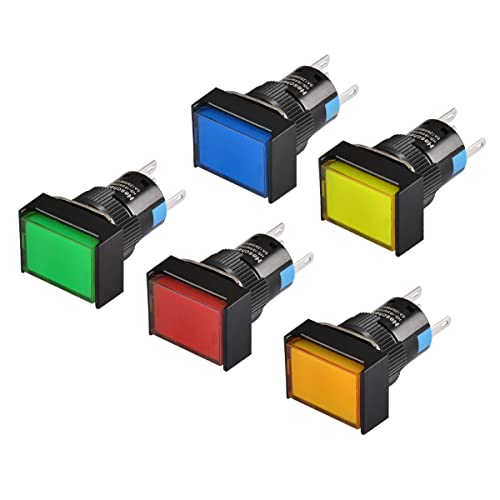 Heschen 16mm Rechteckiger Druckknopfschalter, Verriegelungstyp, 1NO 1NC, Rot, Blau, Gelb, Grün, Orange, 12V LED-Lampe von Heschen