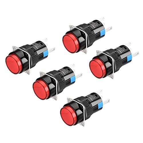 Heschen 16 mm runder federnder Druckknopftaster, 1NO 1NC 220 V LED-Lampe, 5 Stück (rot) von Heschen