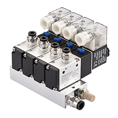 Heschen Elektrisches Pneumatisches 4 Magnetventil, 3V210-08, DC24V, PT1/4, 3/2-Wege, Krümmersockel, Schalldämpfer, Schnellmontageset von Heschen