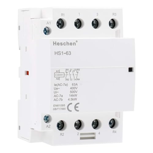 Heschen Haushalts-Wechselstromschütz, HS1-63, 4-polig, 2NO, 2NC, AC 220V/240V, Spulenspannung, 35 mm, DIN-Schienenhalterung von Heschen