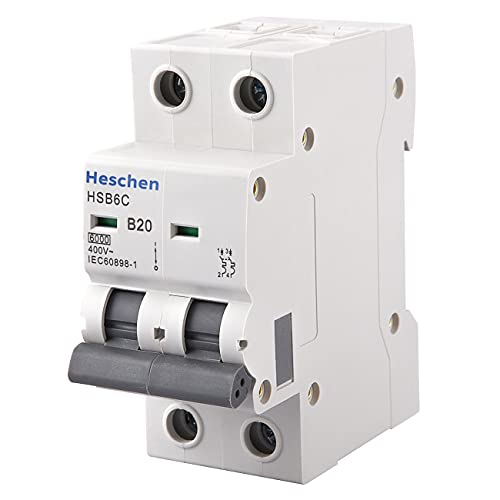 Heschen Miniatur-Leitungsschutzschalter HSB6C, 20 Ampere Strom, 2-polig, Typ B, 6 kA Schaltleistung, DIN-Schienenmontage von Heschen