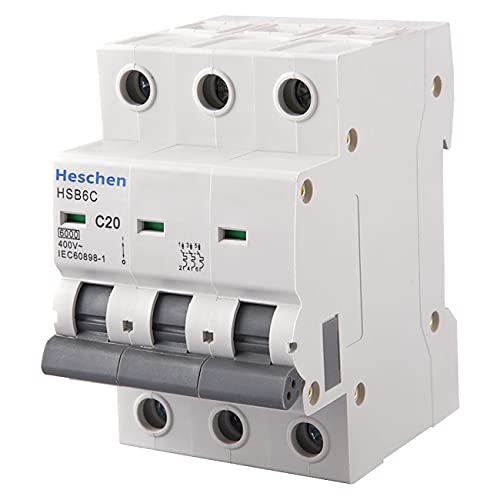 Heschen Miniatur-Leitungsschutzschalter HSB6C, 20 Ampere Strom, 3-polig, Typ C, 6 kA Schaltleistung, DIN-Schienenmontage von Heschen