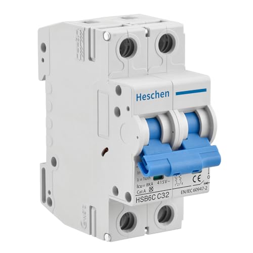Heschen Miniatur-Leitungsschutzschalter HSB6C, 32 Ampere Strom, 2-polig, Typ C, 6 kA Schaltleistung, DIN-Schienenmontage Heschen Miniatur-Leitungsschutzschalter HSB6C, 32 Ampere Strom, 2-polig, Typ C, 6 kA Schaltleistung, DIN-Schienenmontage von Heschen