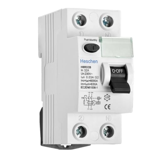 Heschen RCCB Fehlerstromschutzschalter, HSRCCB-32A, 2P 32A 30mA 6kA 220VAC, zum Schutz gegen elektrischen Schlag bei direktem oder indirektem Kontakt von Heschen