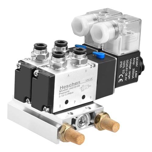 Heschen Elektrisches pneumatisches Doppel-Magnetventil, 4V210-08, DC24V, PT1/4, 5-Wege, 2 Positionen, Krümmerbasis, Schalldämpfer, Schnellmontage-Set von Heschen