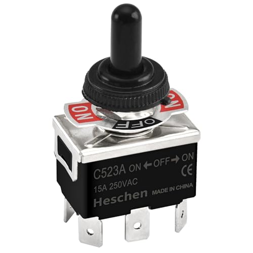 Heschen Metall Kippschalter, C523A, DPDT, EIN/AUS/EIN 3 Positionen, 15A 250VAC, 6 Tab Terminal, CE, mit wasserdichte Kappe von Heschen