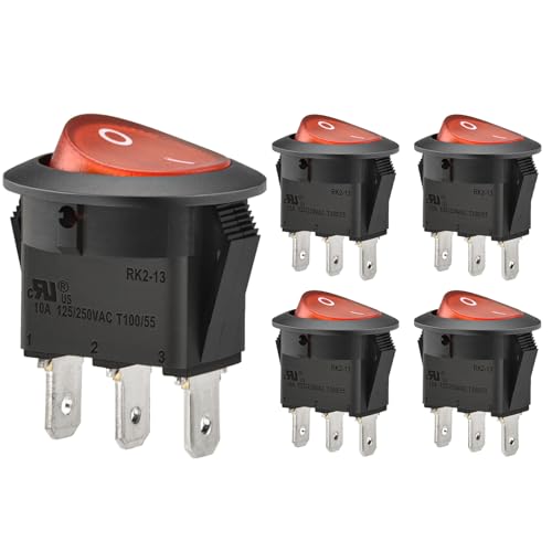 Heschen Roter runder Kippschalter, Ein-/Ausschalter, SPST, 3 Terminals, 10 A, 250 VAC, UL VDE, 5 Stück von Heschen