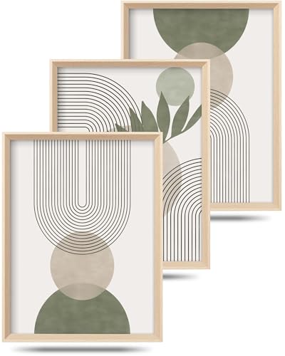 HesenDot Boho Wandbilder im Rahmen 3er, 30x40cm Grün Geometrie Leinwanddrucke, Abstrakte Wandkunst Erhöhtem Holzrahmen, Moderne Wanddeko für Wohnzimmer Schlafzimmer Flur Bad Büro von HesenDot