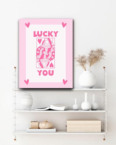 Trendige Drucke Lucky You Leinwand-Wanddekoration, gerahmt, Rosa, Wandkunst, Set mit 1 Stück, Königin der Herzen, Kunst, Spielkarte, 30 x 40 cm, echte Qualität, Leinwand-Wandkunst, Kunstposter von HesenDot