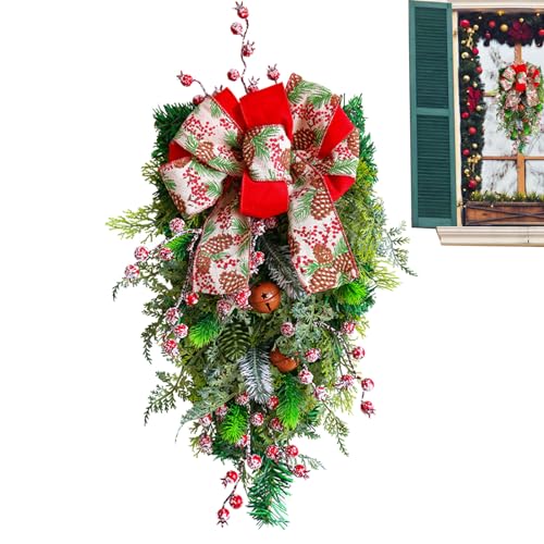 Weihnachtstürkranz,Weihnachtsglocken-Ornamente, Feiertagskranz mit roten Beerenbüscheln - Rot-weiß-grüne Schleife, Dekor, Weihnachtskranz, Treppen-Swag, Weihnachtsgirlande für Haustür, Kamin, Heshi von Heshi